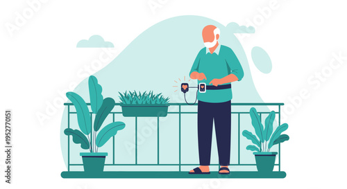 Elderly man monitoring health data on a balcony with plants and city view