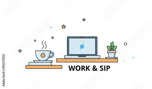 Cafe remote work setting featuring a minimal laptop beside a coffee cup on a small table, expressing productivity blended with comfort and creative focus. The