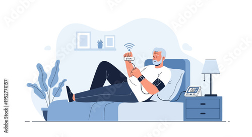 Elderly man using smart health monitor and phone in bed, remote patient monitoring