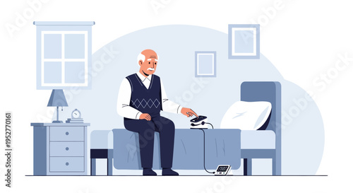 Elderly man using medical device at home, healthcare, senior life, technology