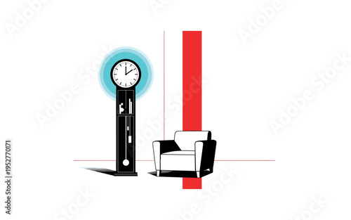 Black and white oversized floor clock standing beside a geometric armchair silhouette, bright turquoise circular halo behind the upper clock face, red vertical