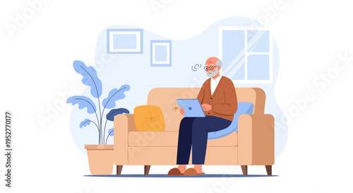 Elderly Man Using Laptop on Sofa at Home, Relaxed Senior Lifestyle