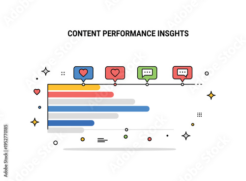 Content performance insights featuring a horizontal progress chart with small heart and comment icons positioned along the bars. The scene highlights