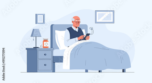 Elderly Man Using Smartphone in Bed, Health Monitoring Concept