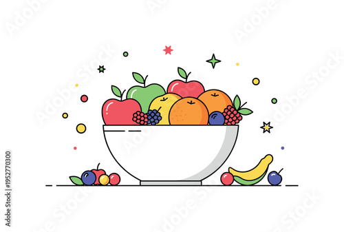 Seasonal fruit display built around a bowl filled with apples, oranges, and berries, conveying freshness and colorful variety. The compact scene highlights