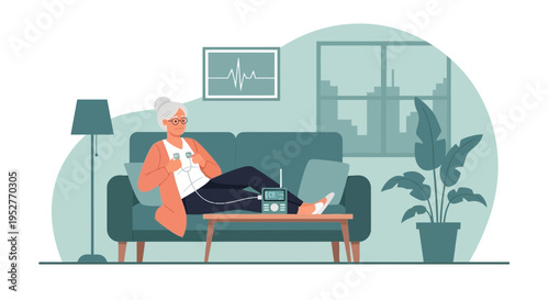 Elderly woman relaxing on sofa with medical device, monitoring health at home