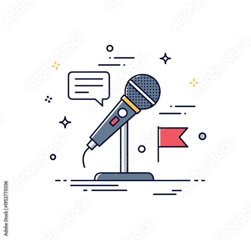Political campaign influence theme featuring a microphone on a stand with subtle speech line accents and a small flag detail, expressing persuasion and public