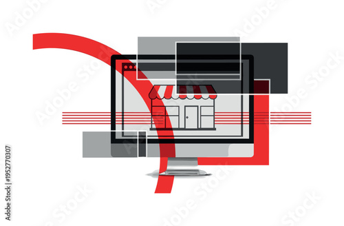 Monochrome desktop computer screen displaying a simplified online storefront grid, intersected by a bold red arc and thin horizontal stripes suggesting traffic
