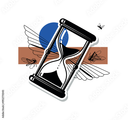 Black and white hourglass tilted slightly as time passes during recitation, bold cobalt circle behind the upper chamber, muted clay-colored rectangle crossing