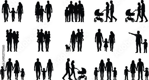 Family Silhouette Set with Parents Children Walking Standing with Baby Stroller and Pet Happy Parenthood Lifestyle Collection Illustration