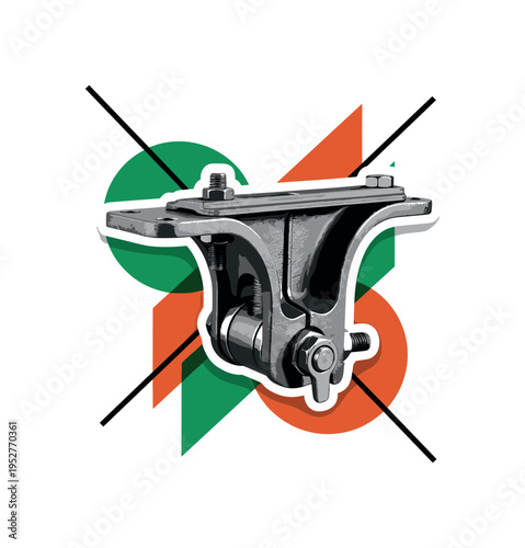 Black and white adjustable pipe support bracket with visible bolts and joints, dynamic diagonal lines and semicircles highlighting mechanical precision,