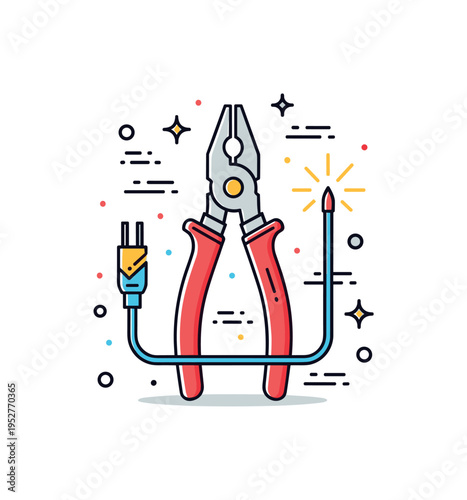 Electrician equipment insulated pliers and a small cable with spark accent forming a cohesive composition, expressing technical skill and safety awareness. A