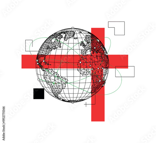 Black and white image of globe constructed from small geometric nodes connected evenly, bold red rectangular block slicing composition for graphic tension,