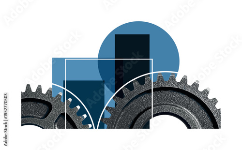 Monochrome macro shot of textured steel cogs with visible teeth details, intersected by a large blue semicircle and abstract rectangular blocks symbolizing