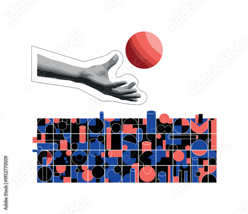 A monochrome hand tossing a single oversized sphere above a structured grid of circular forms, abstract cylinders and blocks framing the action, strong