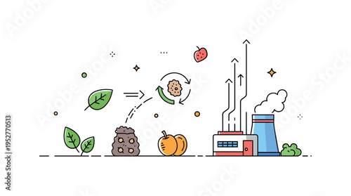 Biomass energy conversion illustration featuring organic waste icons like leaves and food scraps moving toward a small power facility with upward energy lines