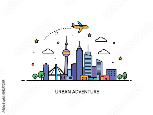 Holiday destination city break theme illustrated by a minimal skyline silhouette with a small airplane icon above, expressing adventure and cultural discovery.