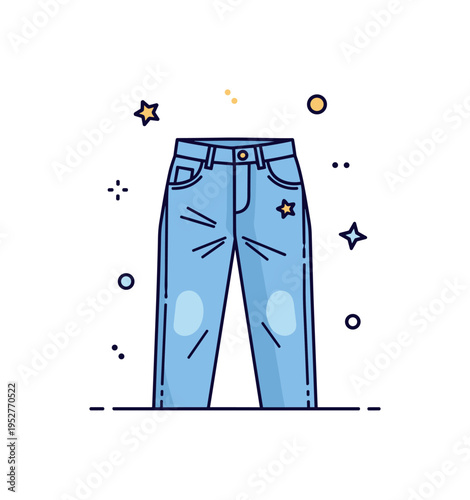 Retro 90s faded jeans theme featuring a slightly loose fit denim silhouette with gentle crease accents and small star detail, symbolizing nostalgic trends. The