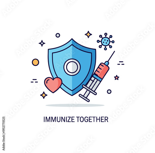 Vaccination programs illustrated by a protective shield icon combined with a syringe and small heart symbol representing community health. A subtle ?Immunize