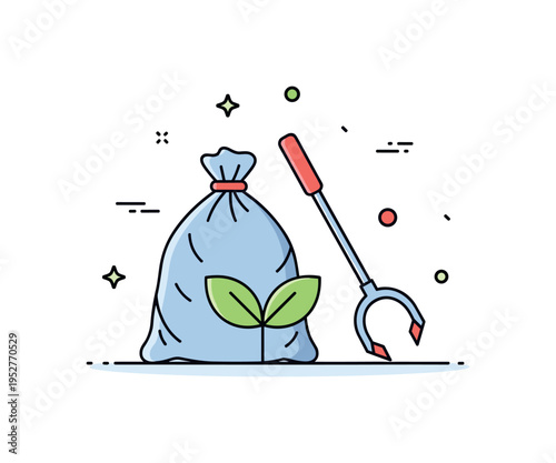 Community clean up initiative showing a simple trash bag and a grabber tool beside a small plant sprout, forming a hopeful environmental badge. The composition