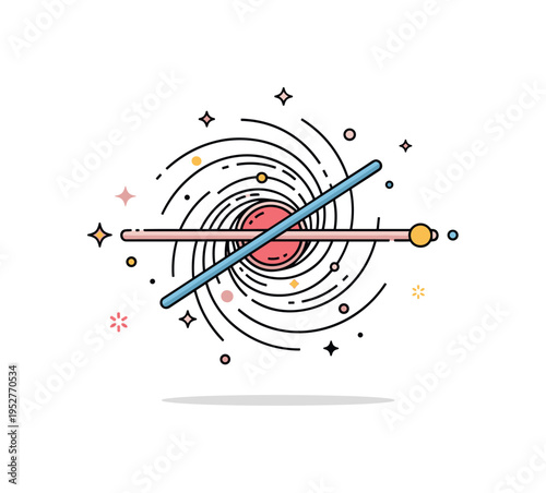 Barred spiral galaxy structure central horizontal bar cutting through a swirling disk of stars, emphasizing dynamic rotation and gravitational balance. A