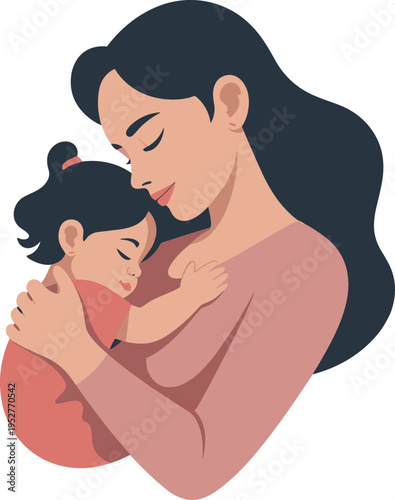 Mother hugging little daughter, flat vector illustration of maternal love, care and family bonding