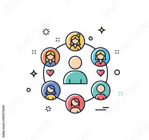 Support network concept featuring a central figure surrounded by subtle circular shapes representing caring people, symbolizing community strength and shared