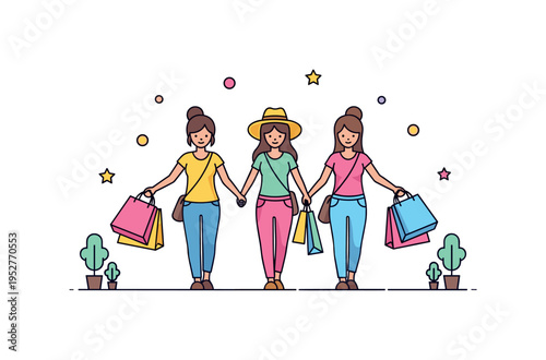 Carrying shopping bags together with best friends while walking down a sunny street, a vibrant depiction of camaraderie and joyful errands. Minimalist flat