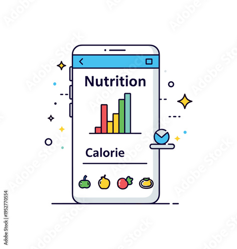 Nutrition tracking and monitoring symbol with a mobile app screen displaying a calorie chart and tiny food icons below. The image highlights data driven