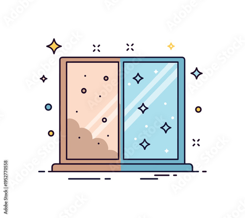 Before and after window cleaning scene showing a split pane with one half dusty and the other crystal clear, expressing transformation and clarity. The