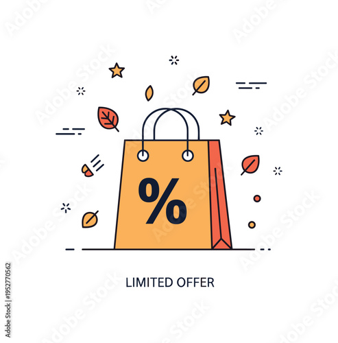 Shopping spree seasonal clearance event featuring a compact bag with a bold percentage symbol and small falling leaf icons, suggesting autumn promotions and