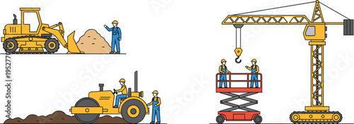 Construction site with heavy machinery, workers in safety gear, teamwork coordination on scissor lift and crane, bulldozer pushing soil, road roller compacting ground, industrial development progress