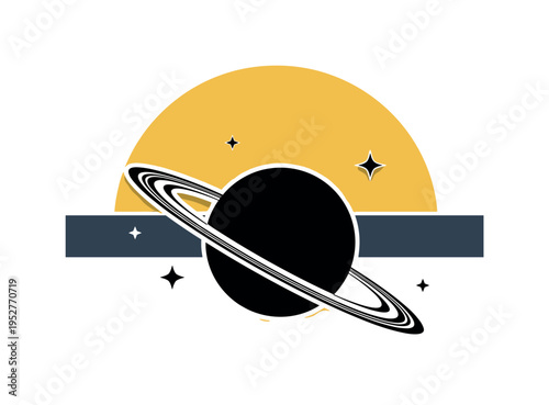 Black and white ringed planet resembling Saturn in dramatic side view, oversized mustard yellow half circle framing upper composition, muted navy horizontal