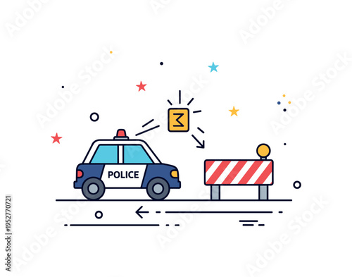 Police traffic control during incident illustrated by a patrol car icon and a small road barrier arranged in a clear structured scene, expressing safety