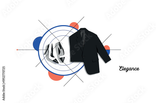 Black and white high heels and oversized jacket placed side by side, concentric circles and thin diagonal lines structuring the layout, vivid cobalt blue and