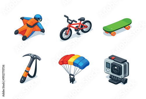 Extreme Sports. Isometric flat vector icons set of extreme sports: wingsuit, BMX bike, skateboard, climbing ice axe, base jump parachute, action camera.