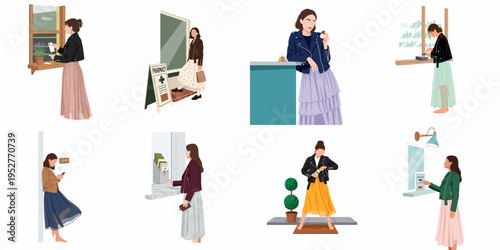 Vector illustrations of a woman visiting a pharmacy, picking up prescriptions, and buying medicine in various everyday scenes.