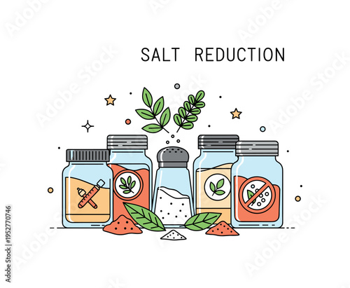 Salt reduction lifestyle illustration built around a spice jar collection with herbs replacing a central salt shaker, symbolizing flavor enhancement through