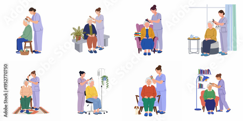 Set of flat vector illustrations depicting a professional caregiver brushing an elderly woman's hair in various nursing and home care settings.