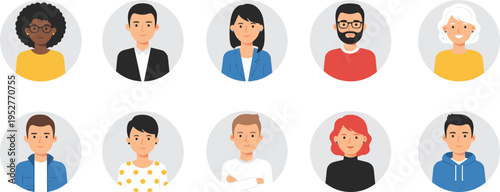 Diverse illustrated avatar collection featuring multicultural individuals in circular frames, showcasing unique hairstyles, clothing styles, and facial features for social media, team profiles
