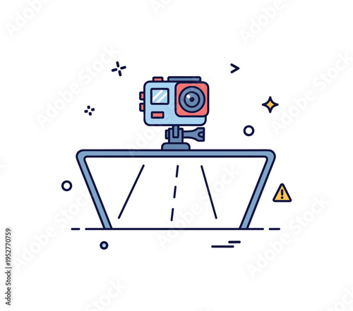 Action cameras car dashboard recording concept showing a small device fixed to a minimal windshield outline with subtle road line accents. A practical visual