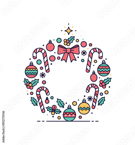 Winter holiday wreath with candy canes and ornaments arranged in a balanced circular composition expressing sweetness and joyful traditions. A soft star accent