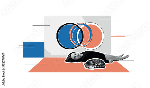 Black and white person lying on the floor with their cat nearby, bold abstract circular halos floating above, flat rectangular color blocks suggesting indoor
