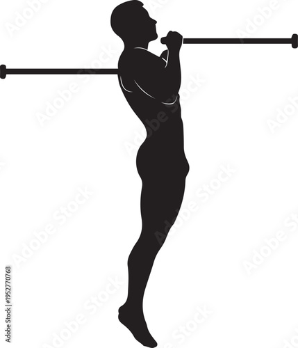 Black silhouette of a man performing a pull-up exercise on a horizontal bar, illustrating strength training, fitness, and upper body workout.