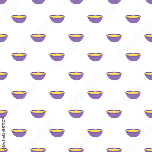 Repeating purple bowls filled with yellow food creating a kitchen themed background