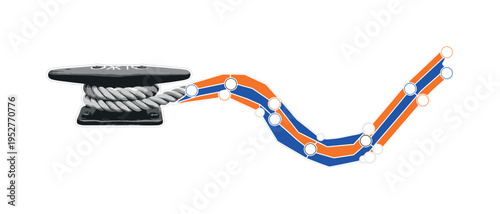 Black and white realistic dock cleat with rope wrapped around it, rope transformed into a bold geometric curve, circular nodes and flat color panels in orange