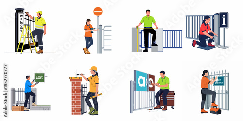 Professional workers installing and maintaining various gates, fences, and informational signs in a flat vector illustration style.