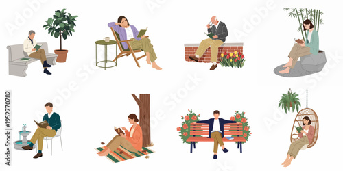 Diverse set of flat illustrations depicting people reading books in different settings such as parks, gardens, and cozy home spaces.