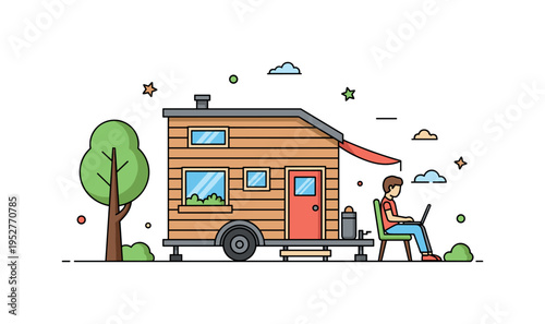 Mobile tiny home lifestyle small wooden house trailer parked near a simple tree with youthful figure working on a laptop outside, symbolizing remote work,