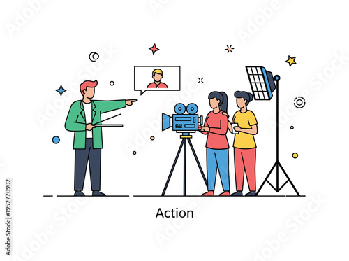 Movie set teamwork illustrated through a director pointing toward a scene while two actors stand near a camera and light panel, reflecting collaboration and